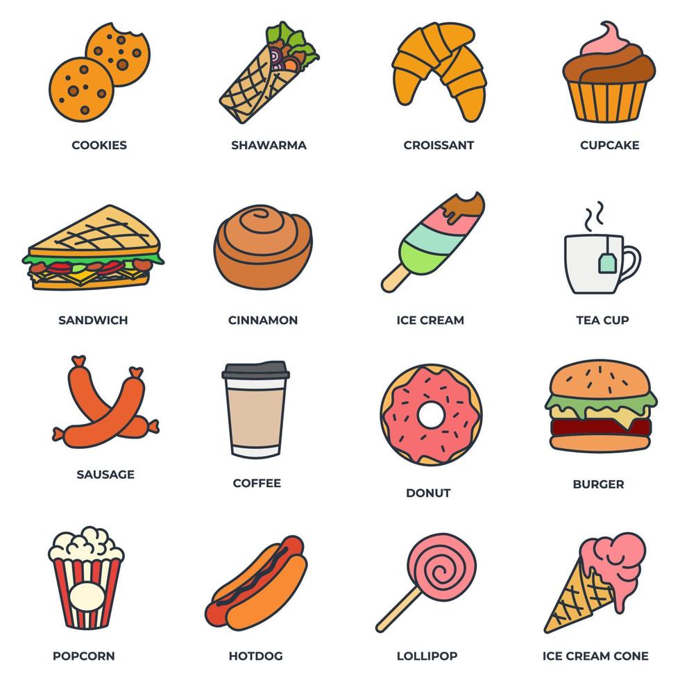 Set of fast food icon logo vector illustration. ice cream, popcorn, donut, cookies, cinnamon, hotdog, tea cup and more pack symbol template for graphic and web design collection