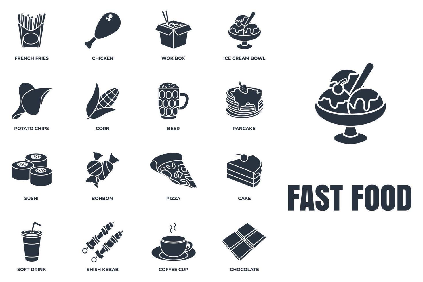 Set of fast food icon logo vector illustration. chocolate bar, soft drink, coffee cup, wok box, sushi, pancake, bonbon and more pack symbol template for graphic and web design collection