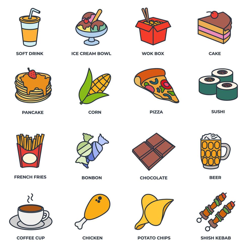 Set of fast food icon logo vector illustration. chocolate bar, soft drink, coffee cup, wok box, sushi, pancake, bonbon and more pack symbol template for graphic and web design collection
