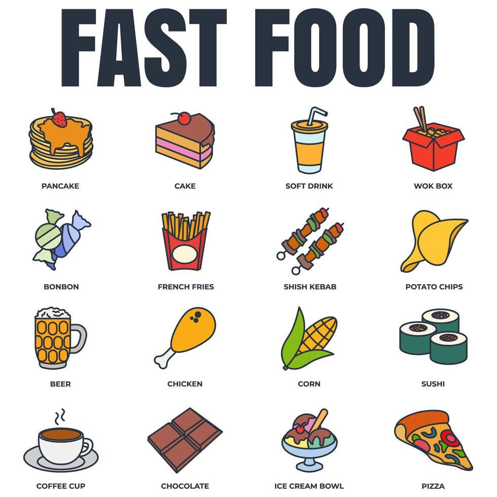 Set of fast food icon logo vector illustration. chocolate bar, soft drink, coffee cup, wok box, sushi, pancake, bonbon and more pack symbol template for graphic and web design collection