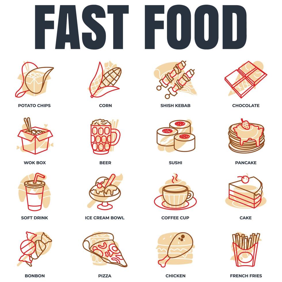Set of fast food icon logo vector illustration. chocolate bar, soft drink, coffee cup, wok box, sushi, pancake, bonbon and more pack symbol template for graphic and web design collection