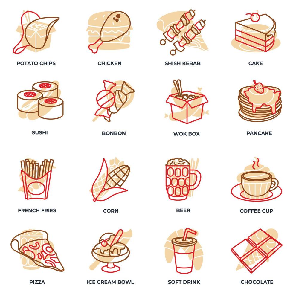 Set of fast food icon logo vector illustration. chocolate bar, soft drink, coffee cup, wok box, sushi, pancake, bonbon and more pack symbol template for graphic and web design collection