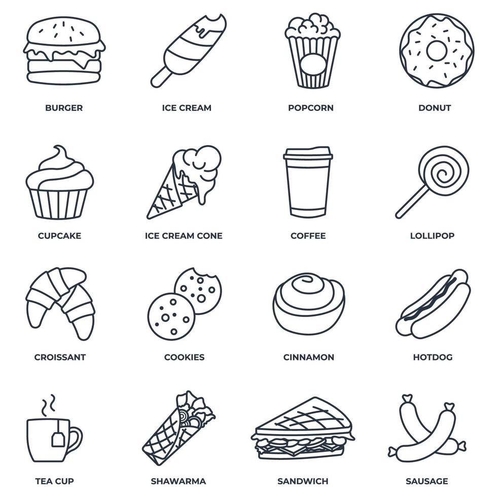 conjunto de ilustración de vector de logotipo de icono de comida rápida. helado, palomitas de maíz, donas, galletas, canela, perrito caliente, taza de té y más plantilla de símbolo de paquete para la colección de diseño gráfico y web