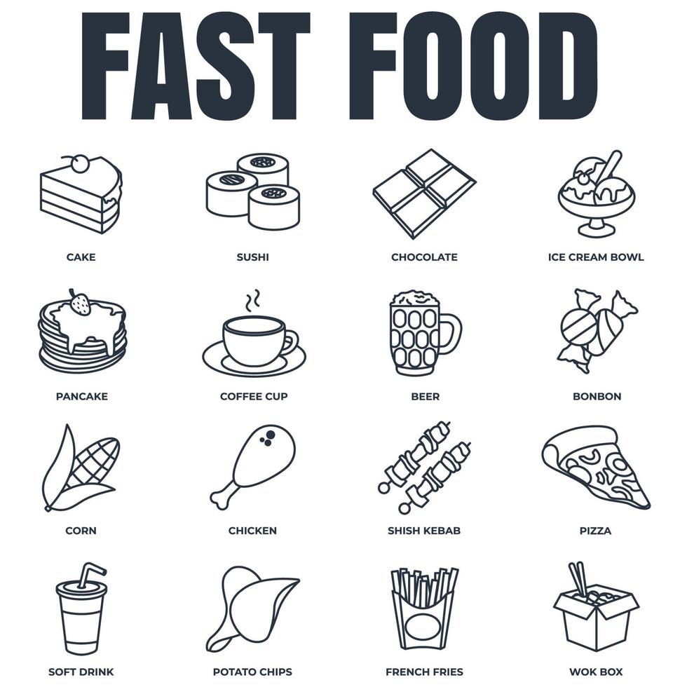 Set of fast food icon logo vector illustration. chocolate bar, soft drink, coffee cup, wok box, sushi, pancake, bonbon and more pack symbol template for graphic and web design collection