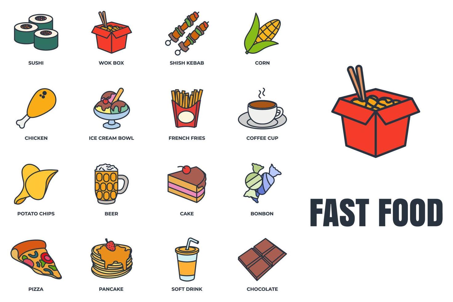 Set of fast food icon logo vector illustration. chocolate bar, soft drink, coffee cup, wok box, sushi, pancake, bonbon and more pack symbol template for graphic and web design collection