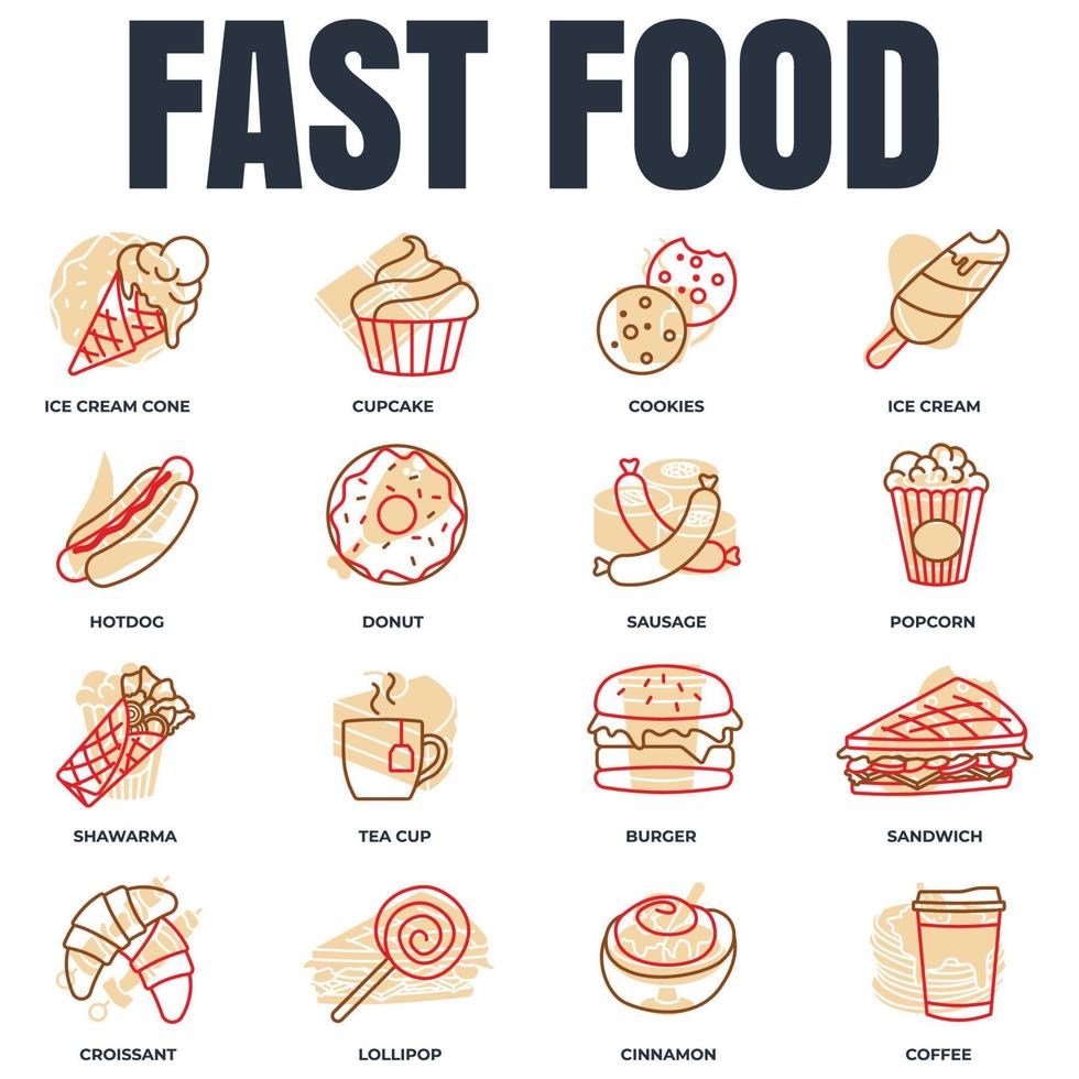 Set of fast food icon logo vector illustration. ice cream, popcorn, donut, cookies, cinnamon, hotdog, tea cup and more pack symbol template for graphic and web design collection