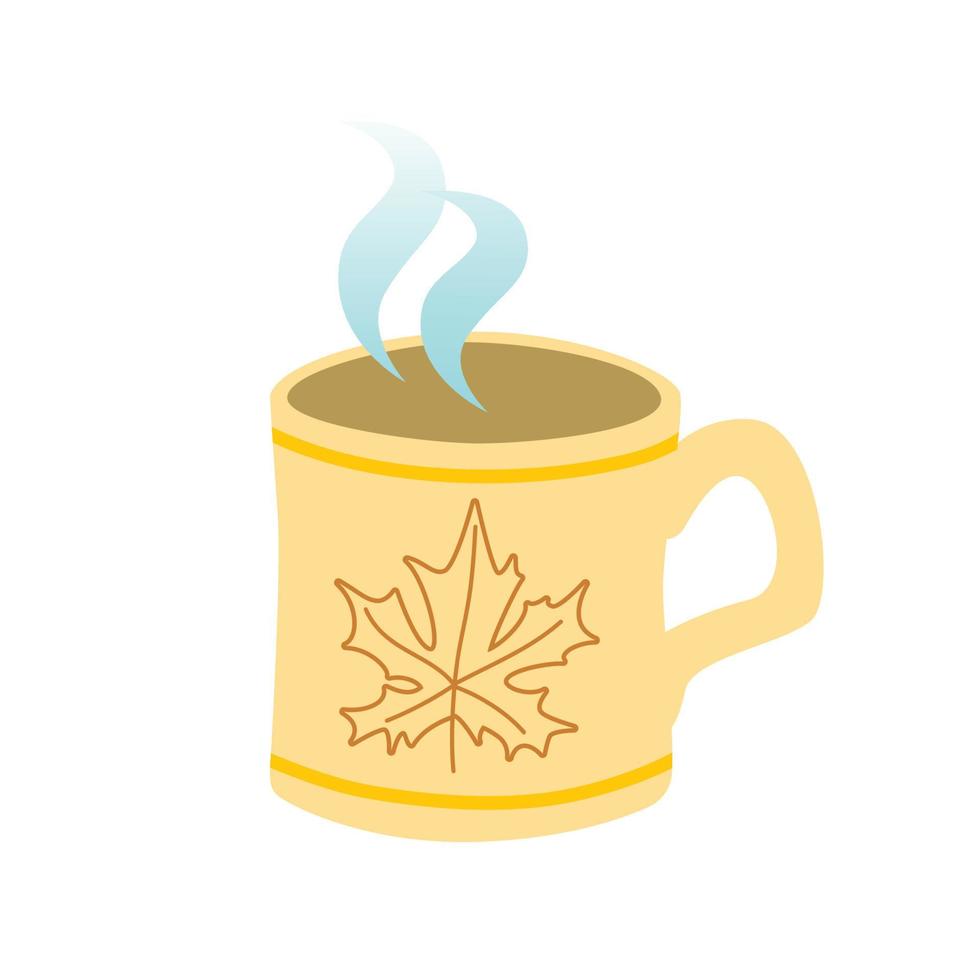 Yellow mug with steam. Cup of hot drinks in cartoon style. Cozy autumn mood. Vector art isolated on white background.