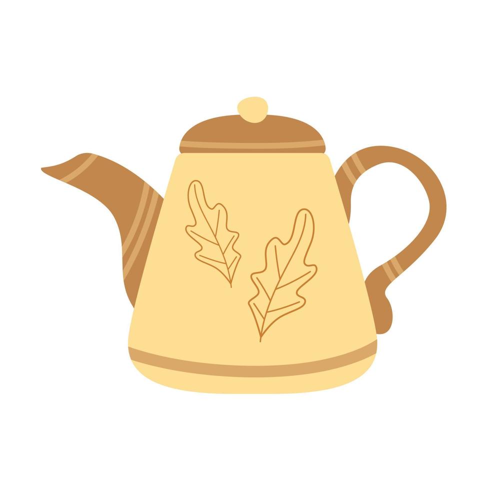 Tea kettle with decorative leaves. Cozy autumn mood. Colored flat vector illustration isolated on white background.