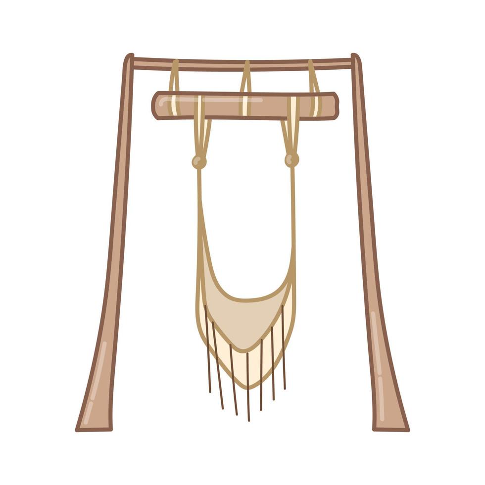 columpio de jardín boho sobre soportes de madera. estilo de dibujos animados mano de arte vectorial dibujada sobre fondo blanco. vector