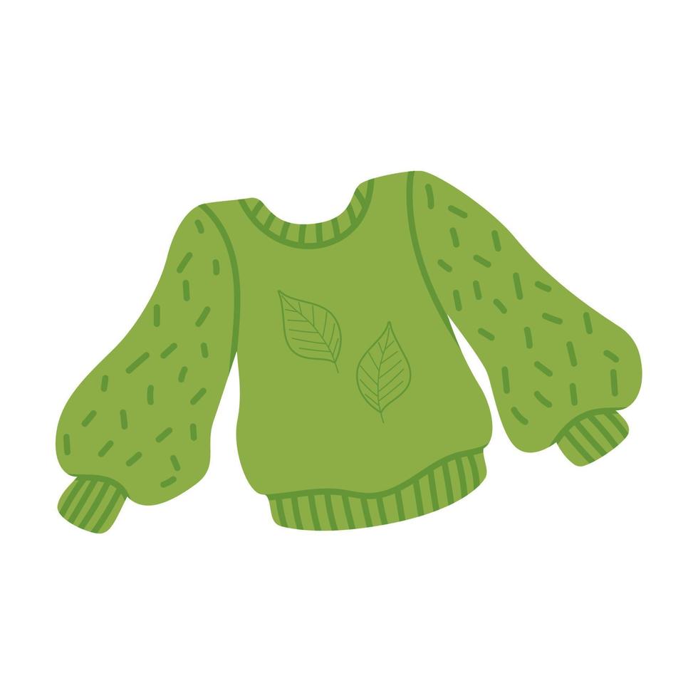 Cozy warm green sweater. Knitted warm clothing in cartoon flat style. Vector art isolated on a white background.