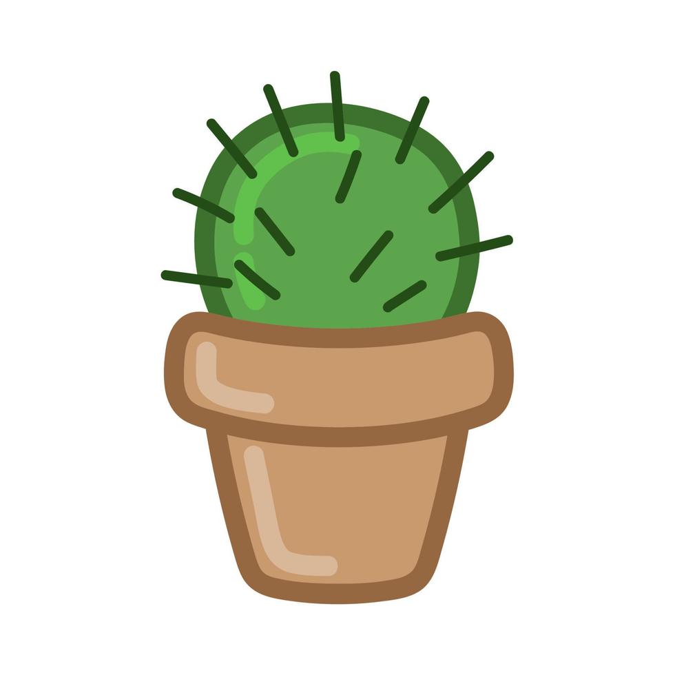 Cactus in brown pot. Hand drawn illustration in cartoon style. Vector isolated on white background.