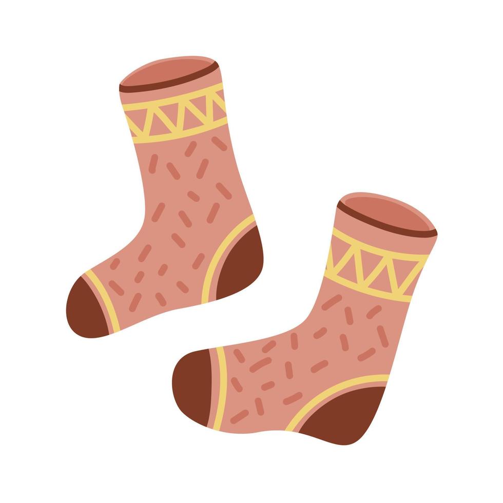 Warm socks in brown color. Cozy autumn or winter clothes. Vector illustration isolated on white background.