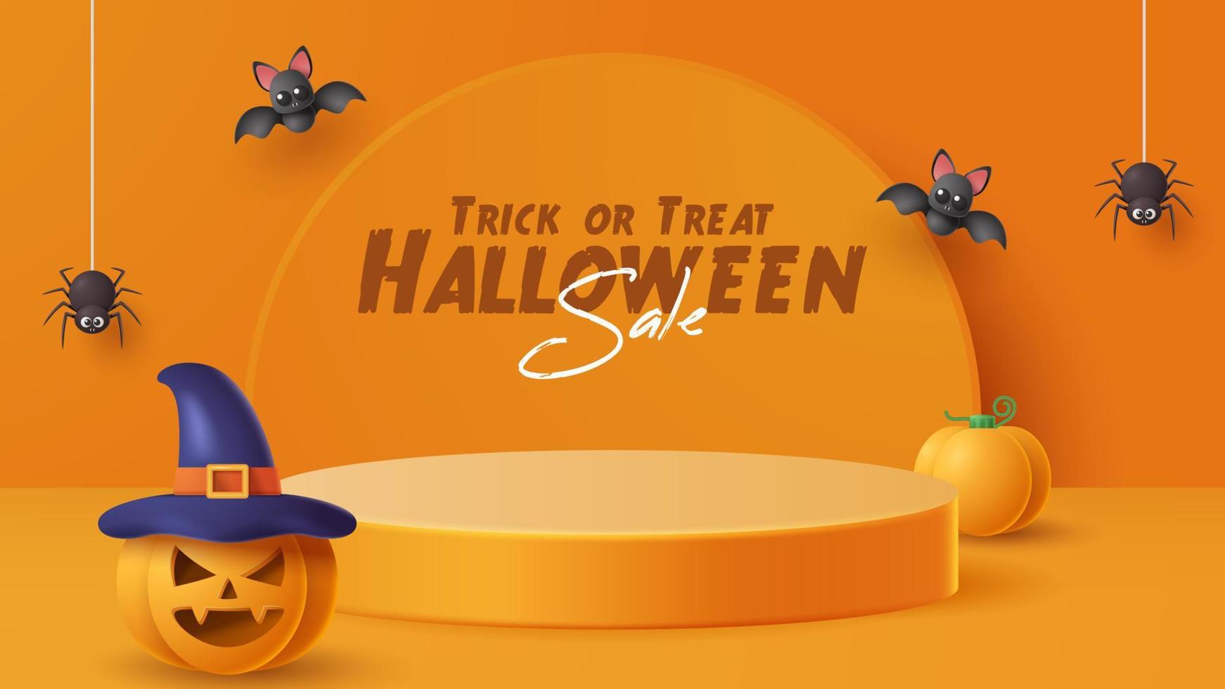 Halloween display podium decoration background with scary ornament. Vector 3D Illustration