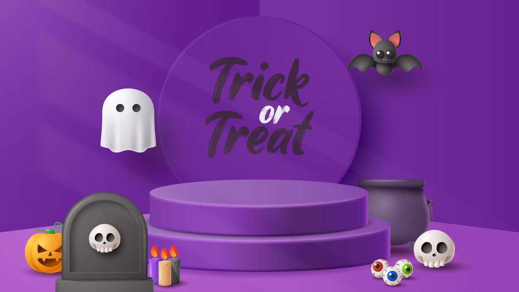 Halloween display podium decoration background with scary ornament. Vector 3D Illustration