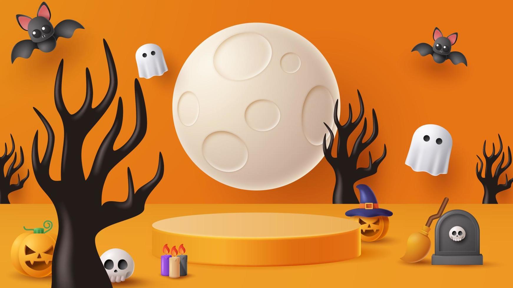 Halloween display podium decoration background with scary ornament. Vector 3D Illustration