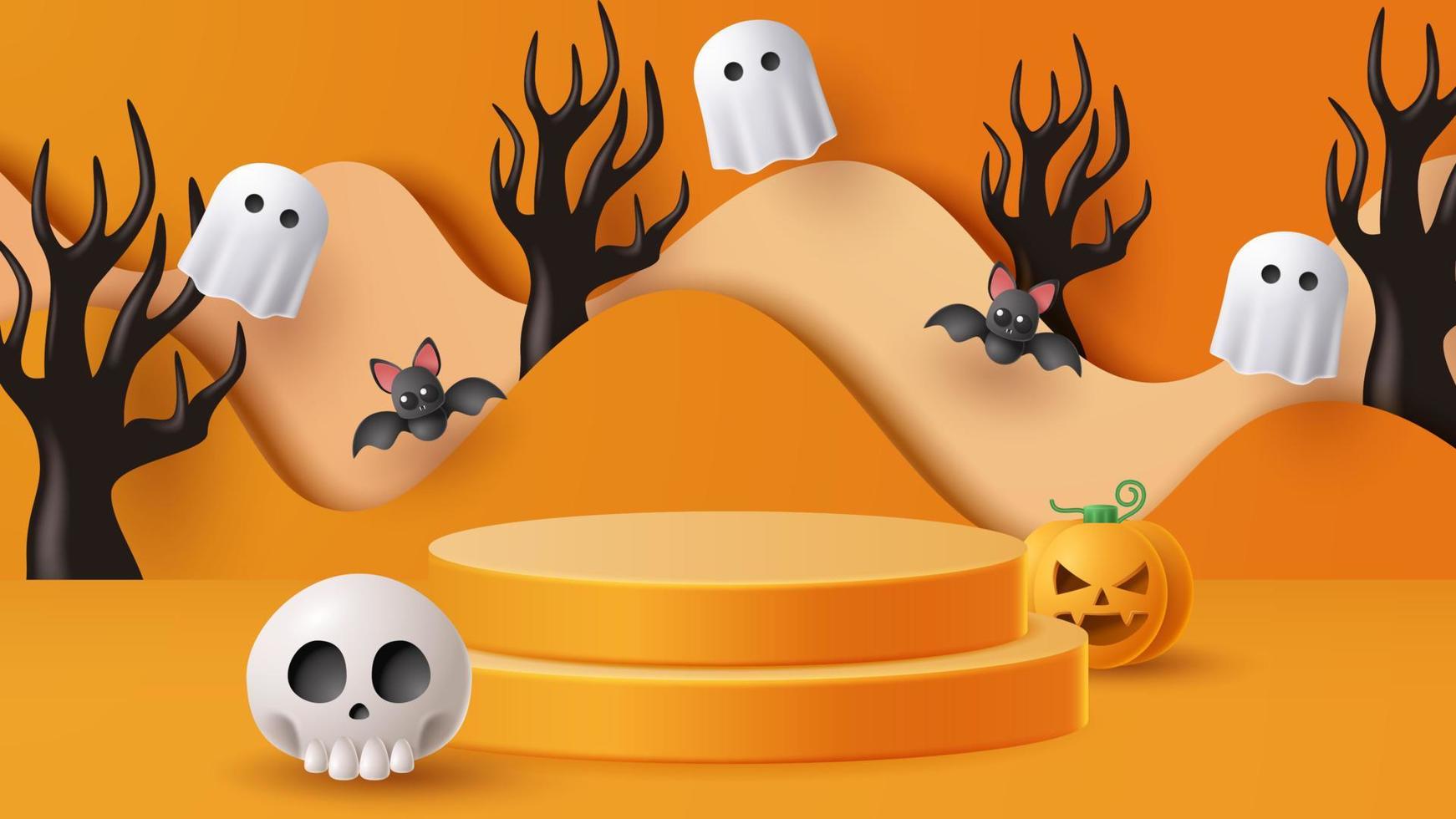 Halloween display podium decoration background with scary ornament. Vector 3D Illustration