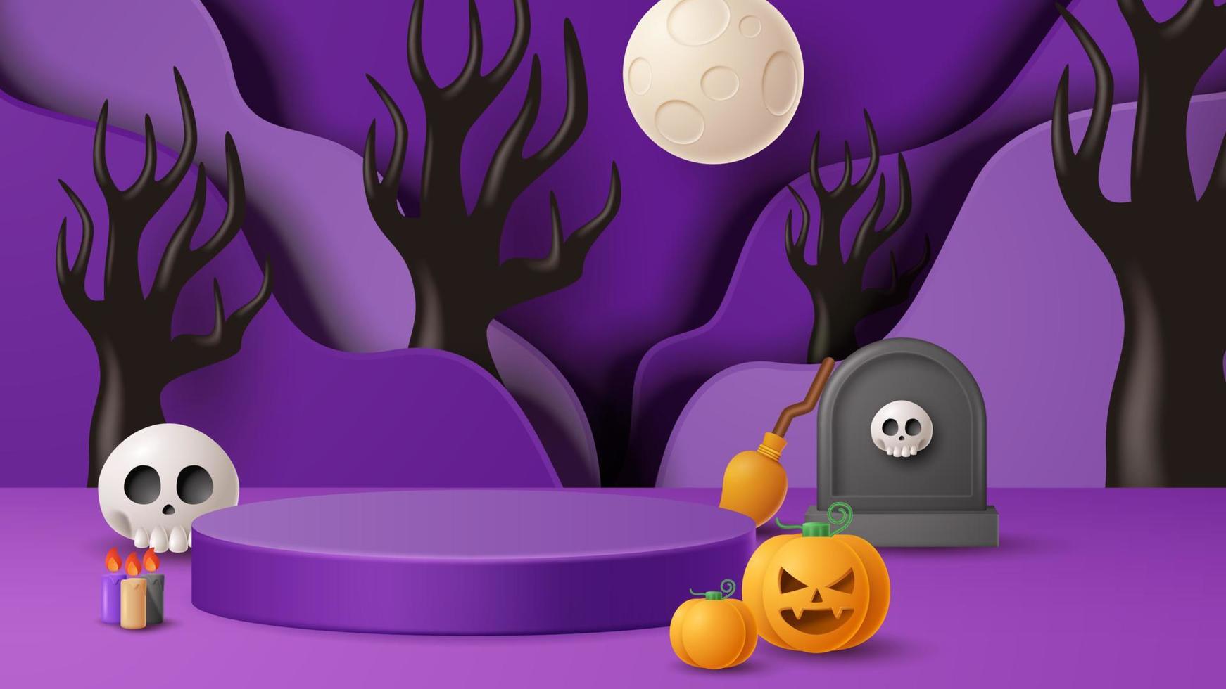 Halloween display podium decoration background with scary ornament. Vector 3D Illustration