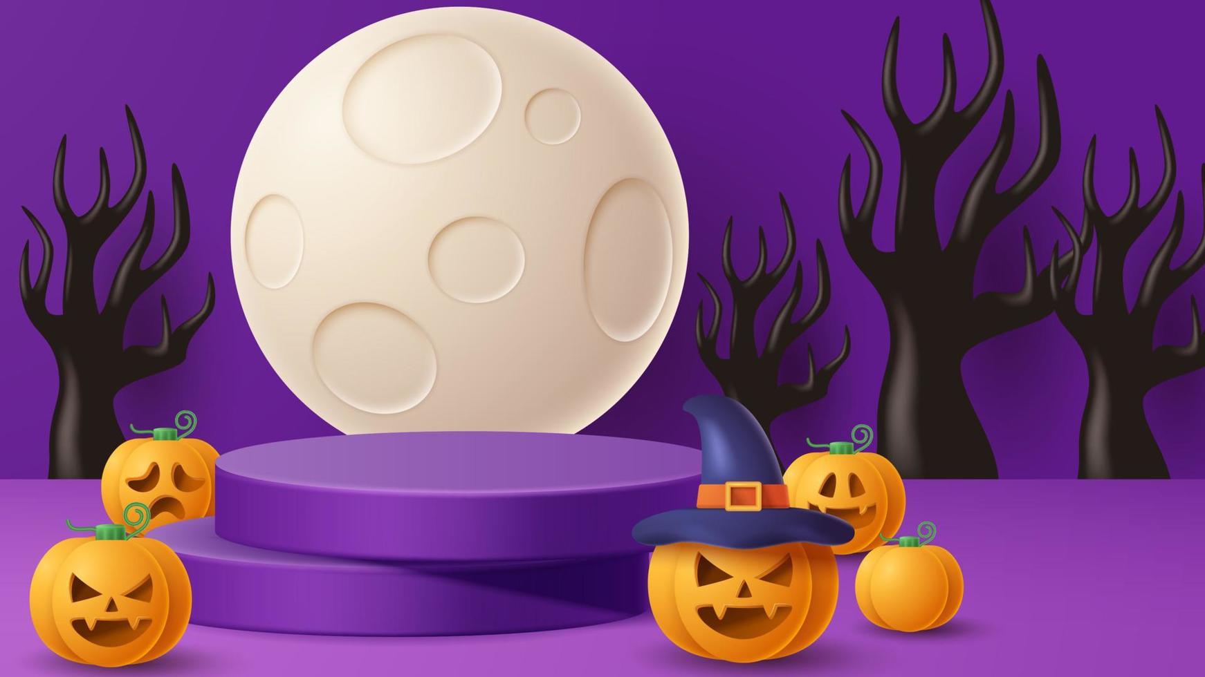 Halloween display podium decoration background with scary ornament. Vector 3D Illustration