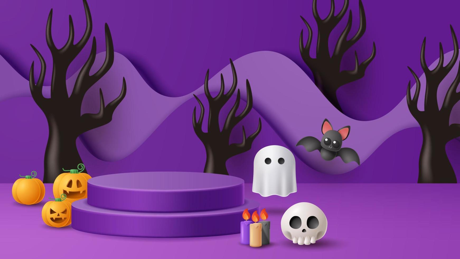 Halloween display podium decoration background with scary ornament. Vector 3D Illustration