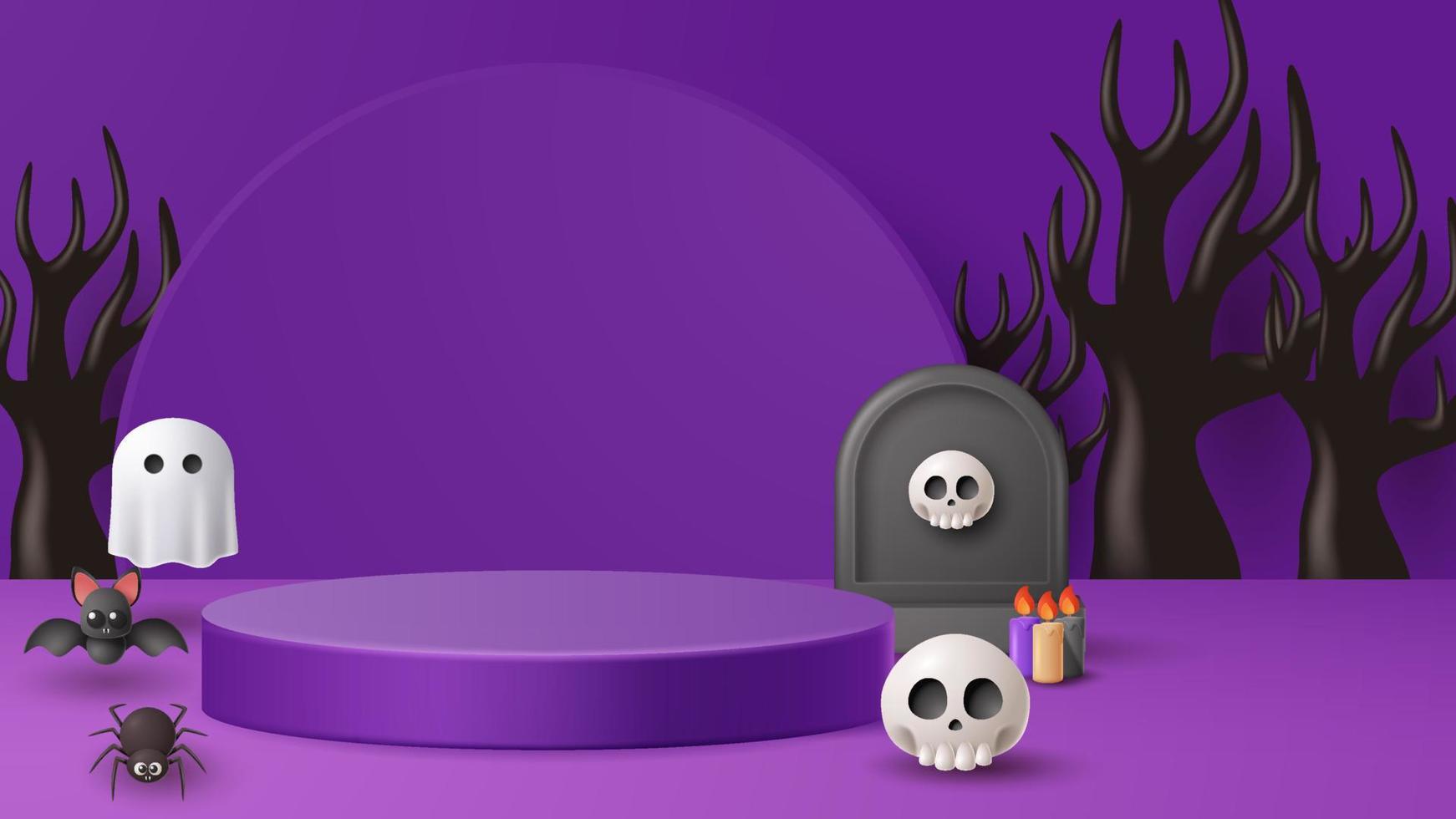 Halloween display podium decoration background with scary ornament. Vector 3D Illustration