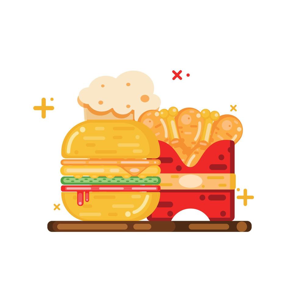 hamburguesa de pollo, pollo frito y refrescos ilustración de comida rápida e icono icono de alimentos y bebidas aislado vector