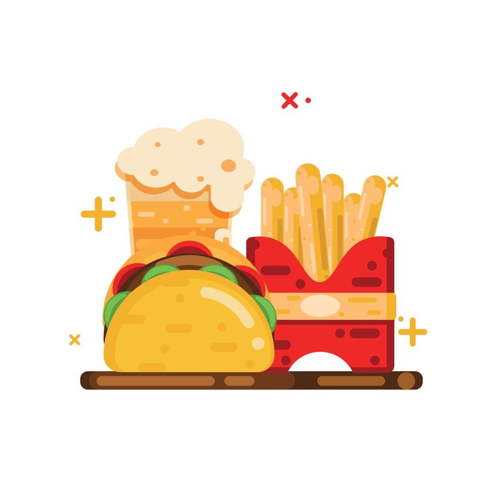 tacos, papas fritas y refrescos ilustración de comida rápida e icono icono de alimentos y bebidas aislado vector