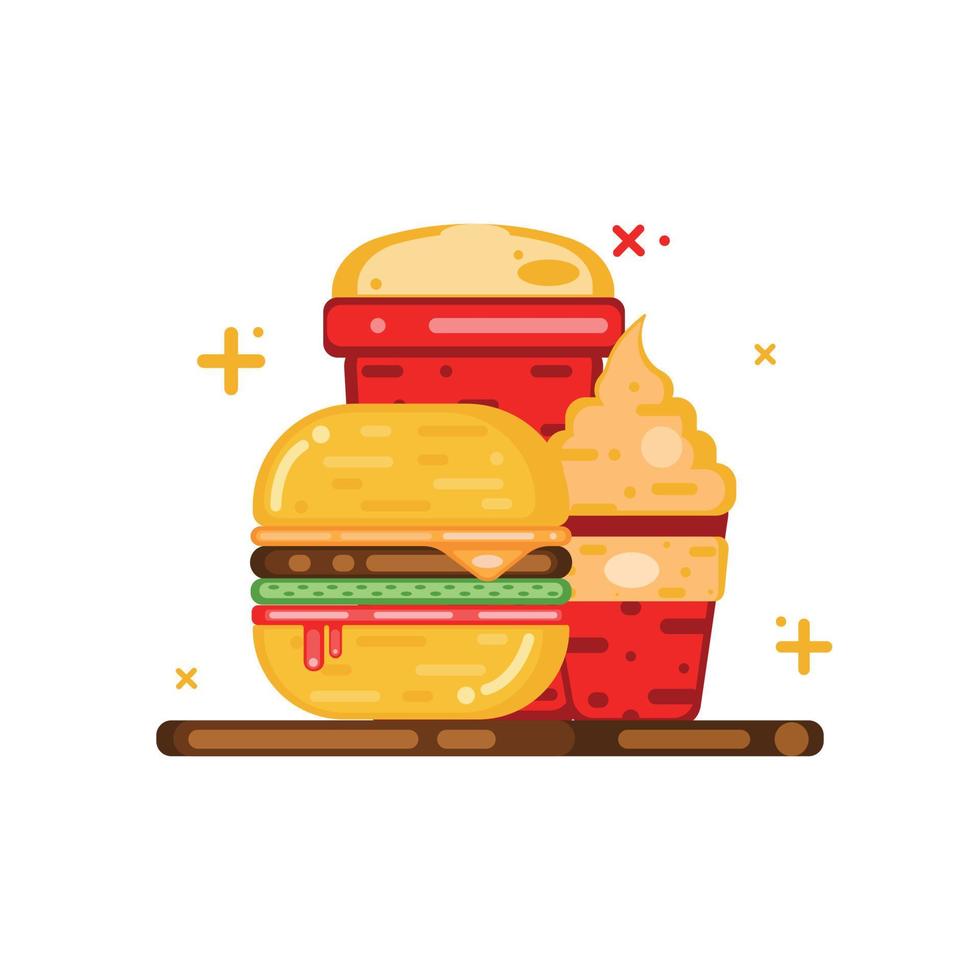 hamburguesa, helado y bebida ilustración de comida rápida e icono icono de comida y bebida aislado vector