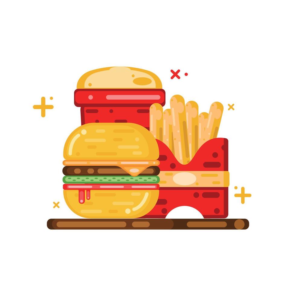 hamburguesa, papas fritas y bebida ilustración de comida rápida e icono icono de comida y bebida aislado vector