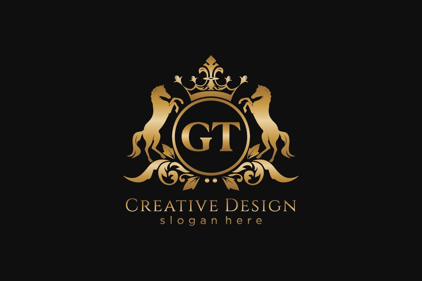 initial GT Retro golden crest with circle and two horses, badge template with scrolls and royal crown - perfect for luxurious branding projects vector