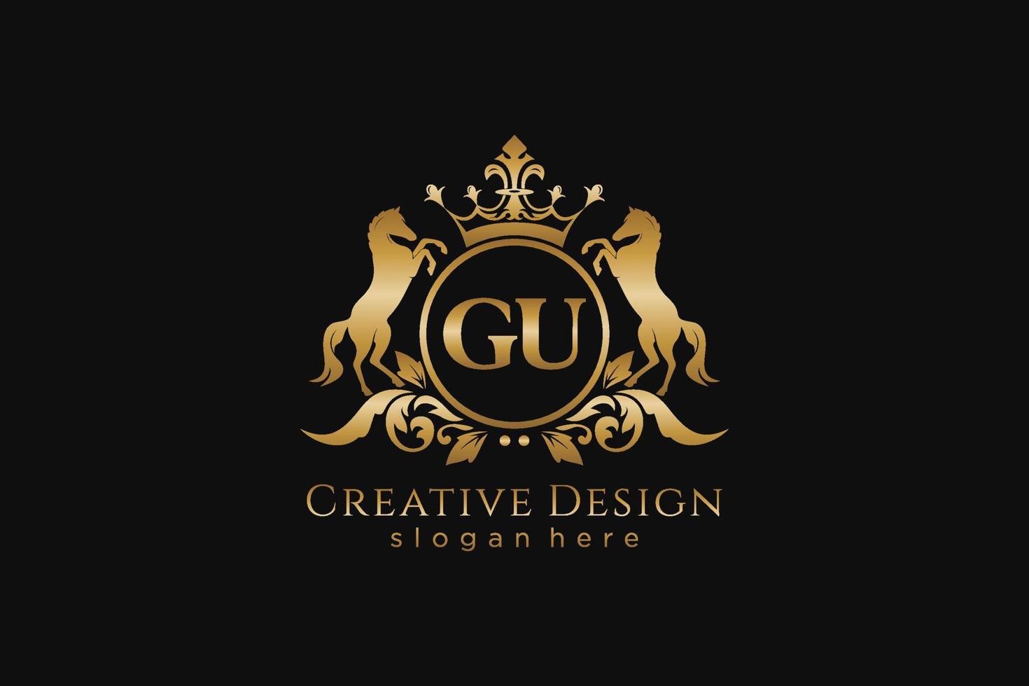 initial GU Retro golden crest with circle and two horses, badge template with scrolls and royal crown - perfect for luxurious branding projects vector