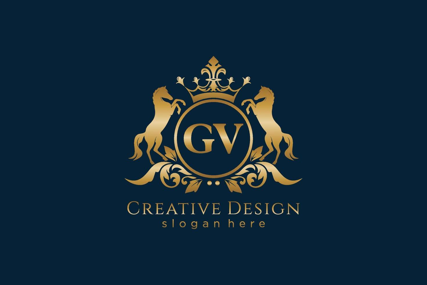 initial GV Retro golden crest with circle and two horses, badge template with scrolls and royal crown - perfect for luxurious branding projects vector