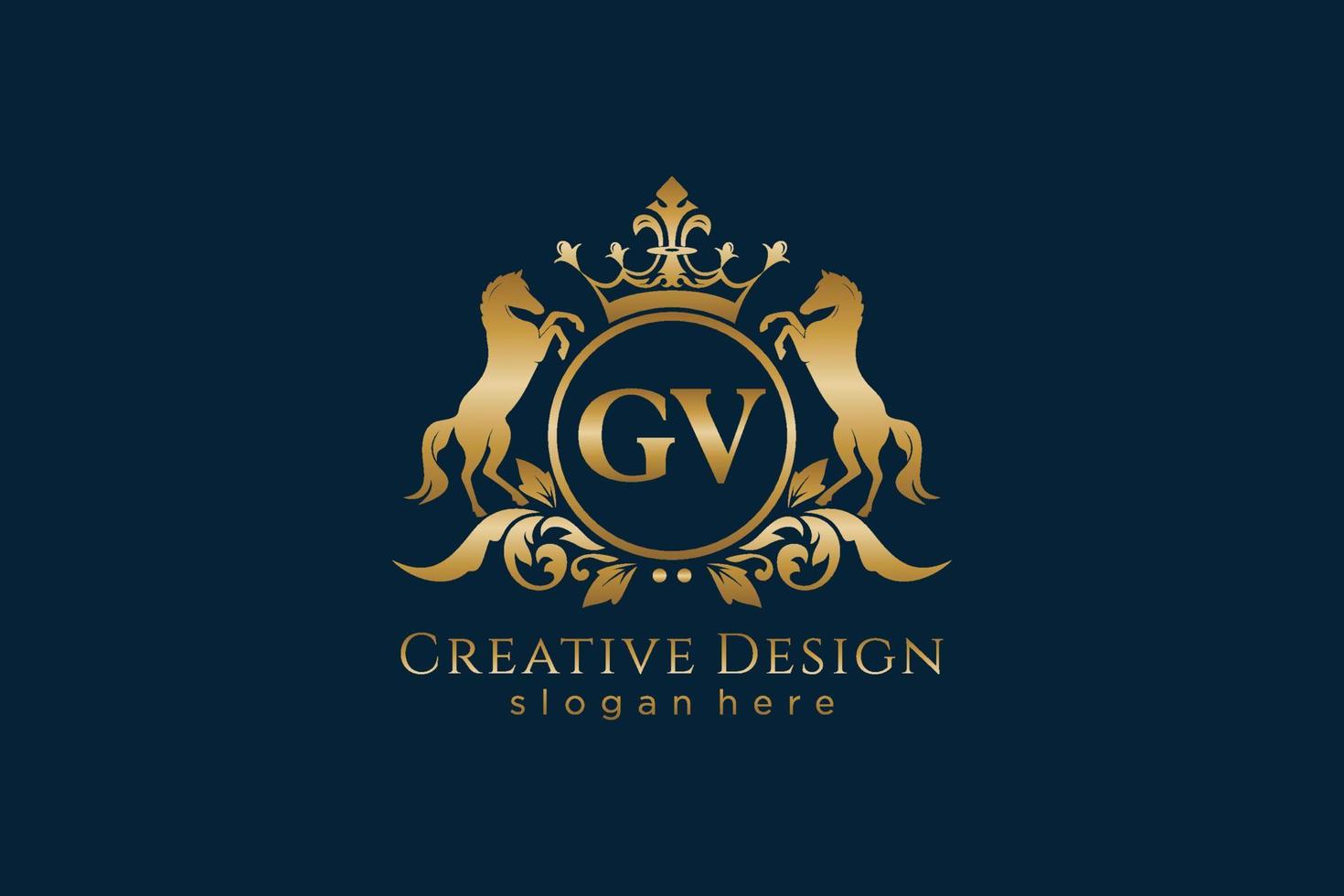 initial GV Retro golden crest with circle and two horses, badge template with scrolls and royal crown - perfect for luxurious branding projects vector