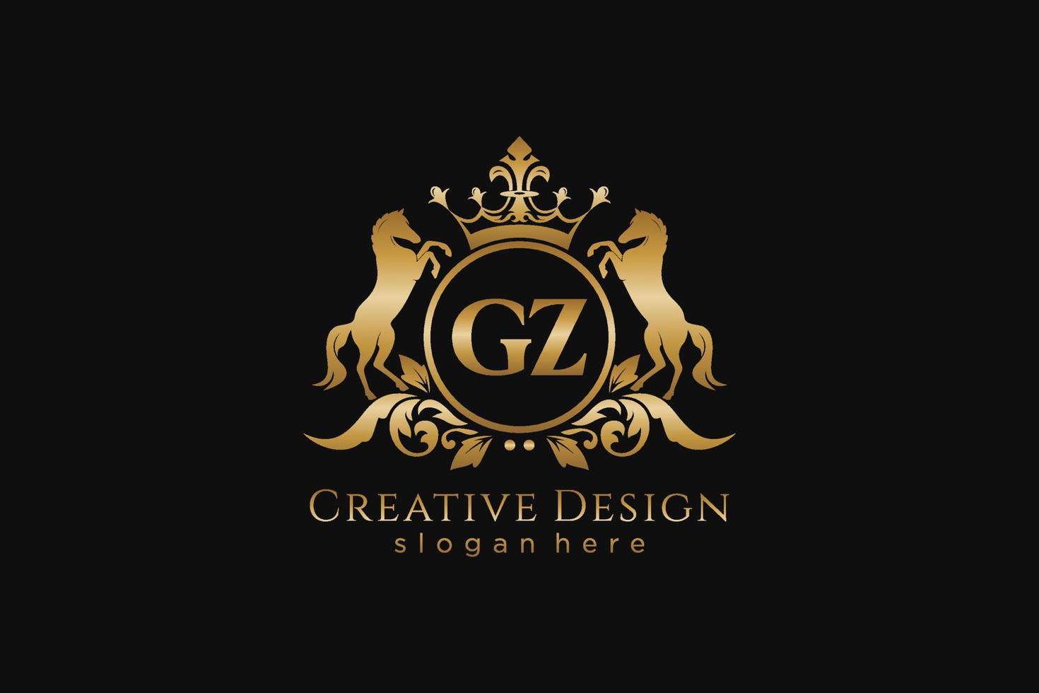 initial GZ Retro golden crest with circle and two horses, badge template with scrolls and royal crown - perfect for luxurious branding projects vector