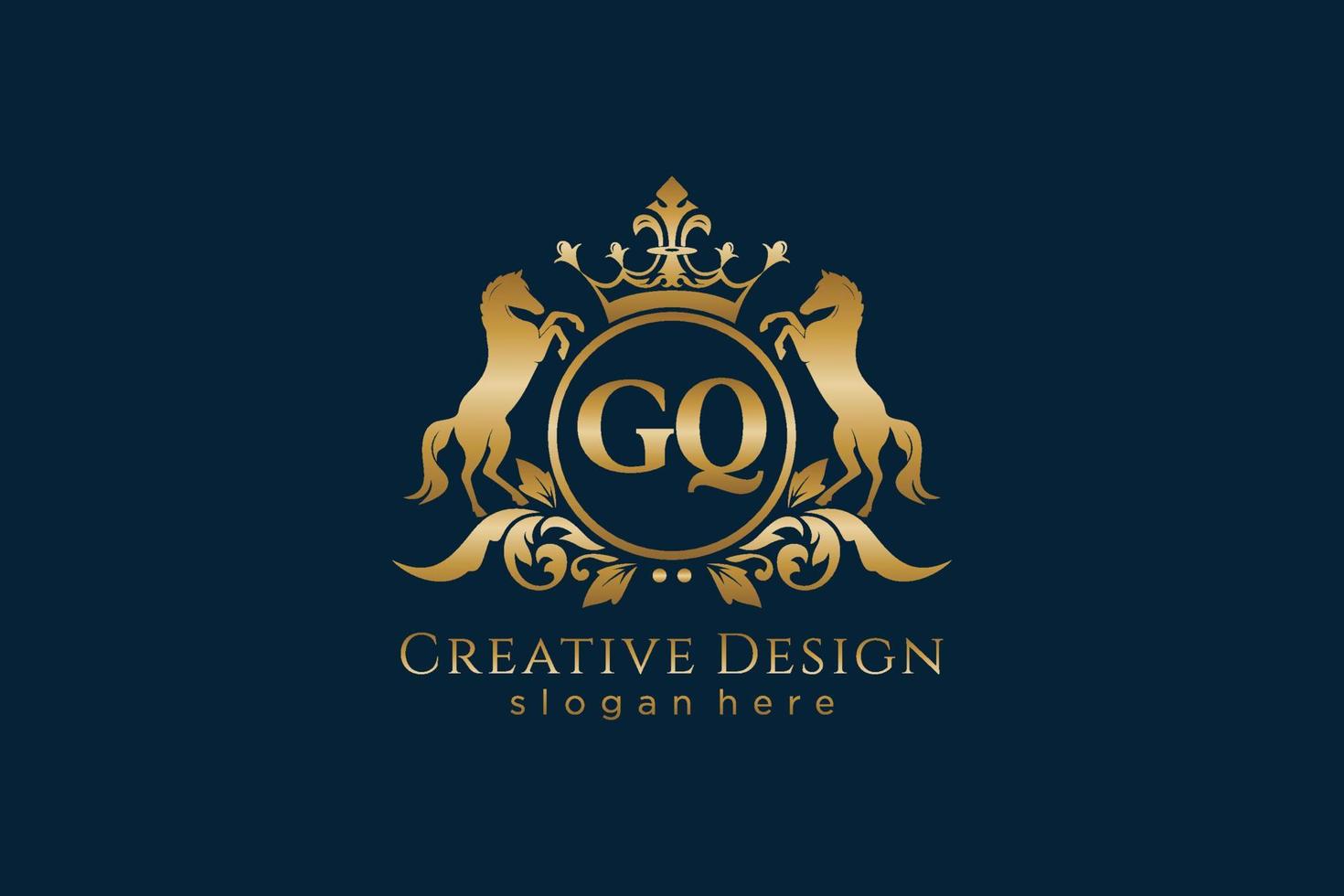 initial GQ Retro golden crest with circle and two horses, badge template with scrolls and royal crown - perfect for luxurious branding projects vector