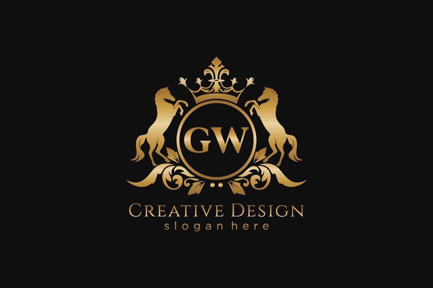 initial GW Retro golden crest with circle and two horses, badge template with scrolls and royal crown - perfect for luxurious branding projects vector