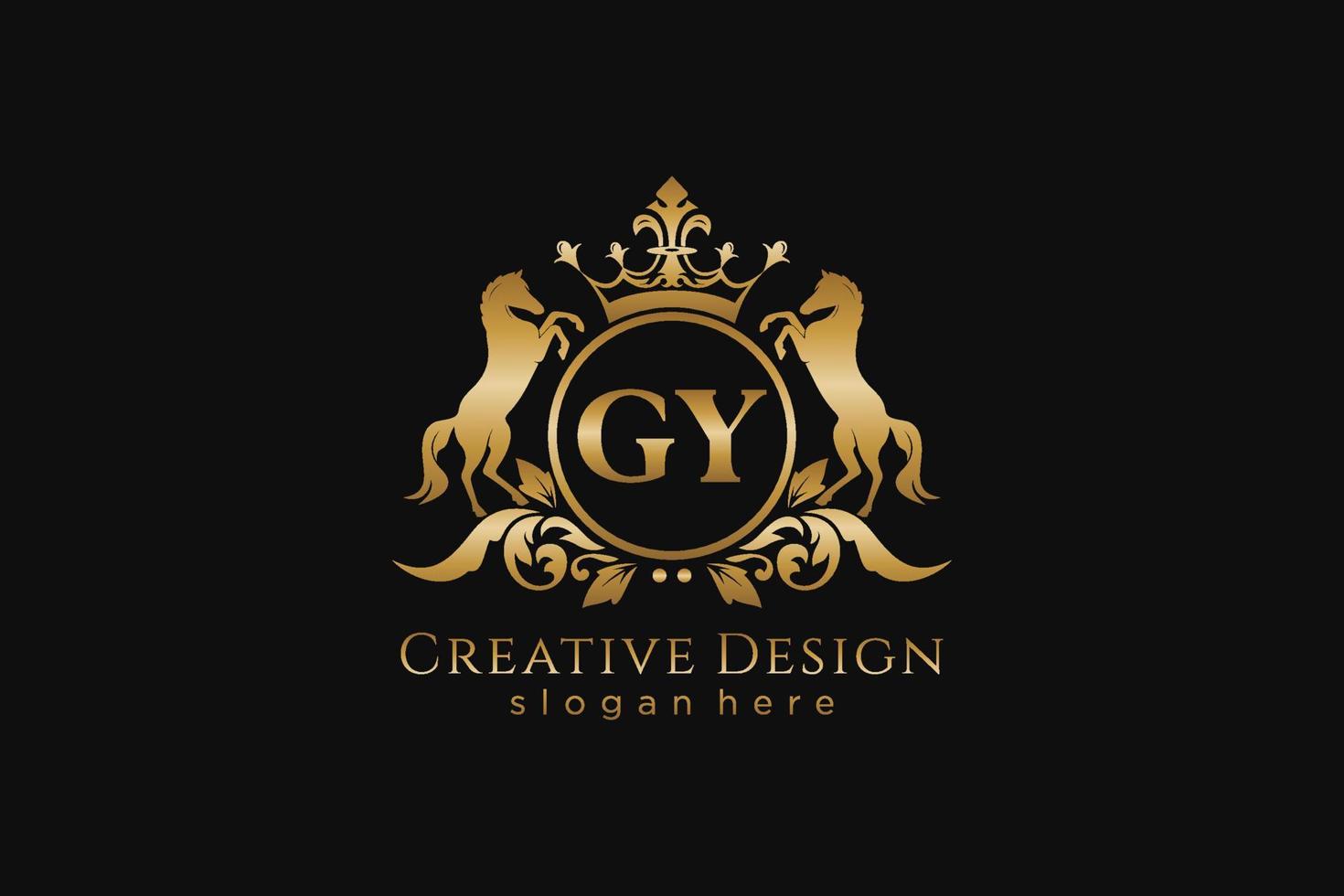 initial GY Retro golden crest with circle and two horses, badge template with scrolls and royal crown - perfect for luxurious branding projects vector