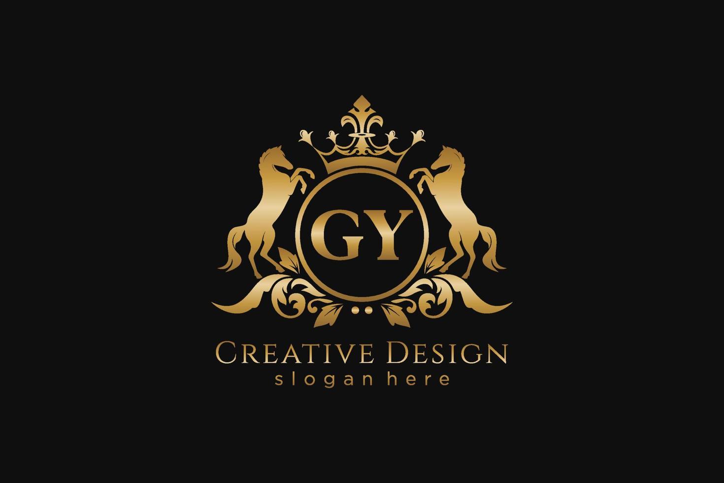 initial GY Retro golden crest with circle and two horses, badge template with scrolls and royal crown - perfect for luxurious branding projects vector