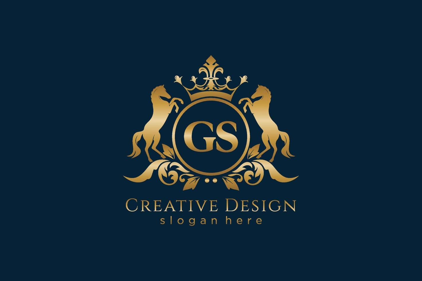 initial GS Retro golden crest with circle and two horses, badge template with scrolls and royal crown - perfect for luxurious branding projects vector