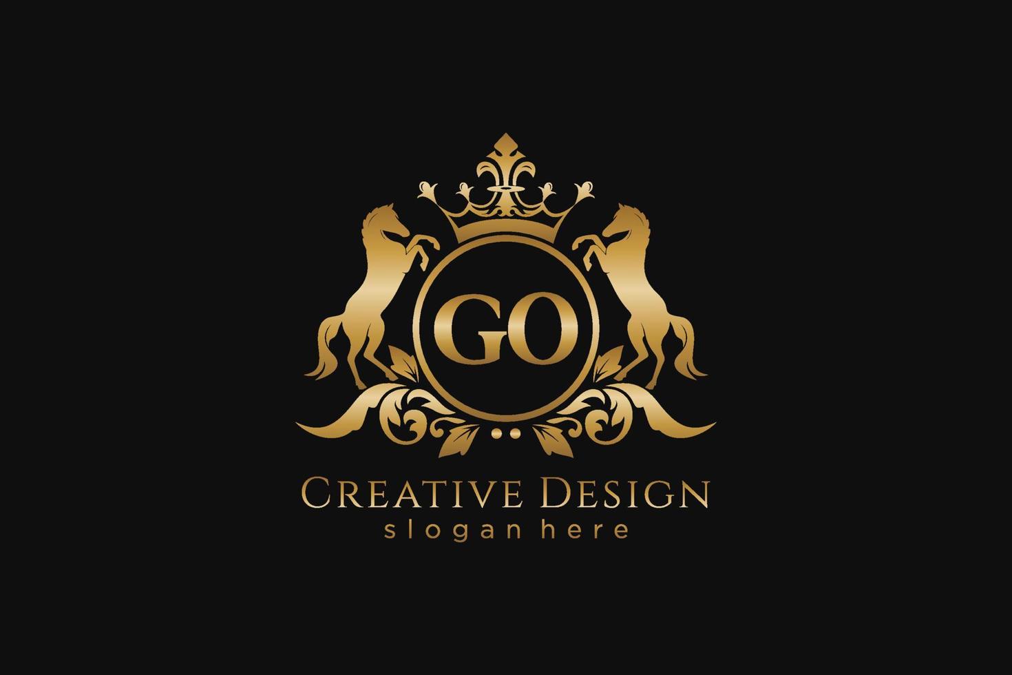 initial GO Retro golden crest with circle and two horses, badge template with scrolls and royal crown - perfect for luxurious branding projects vector