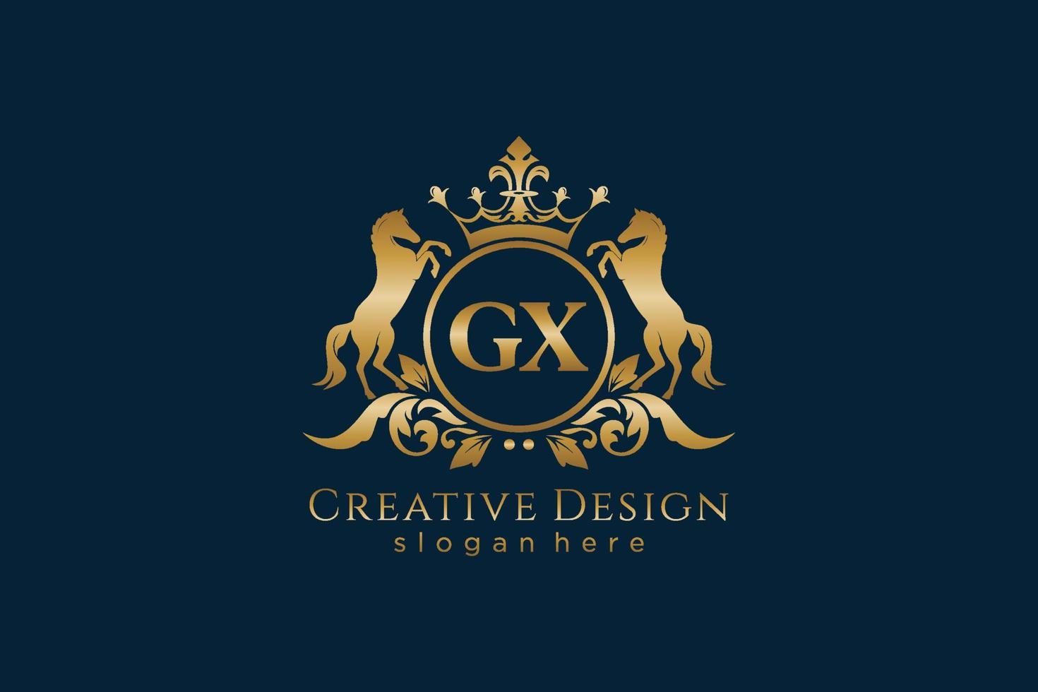 initial GX Retro golden crest with circle and two horses, badge template with scrolls and royal crown - perfect for luxurious branding projects vector