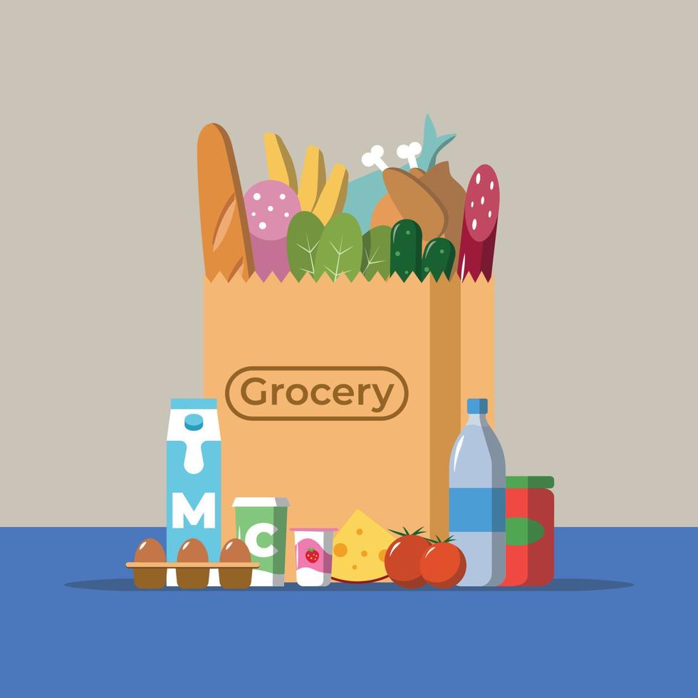 ilustración vectorial de color de diseño plano de productos alimenticios y bebidas que caen en una bolsa de papel, concepto para la venta al por menor. vector