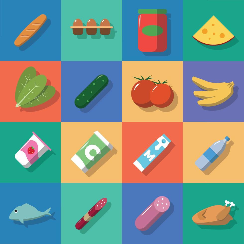 iconos de alimentos y bebidas de fondo multicolor con sombras. ilustración vectorial de estilo plano vector