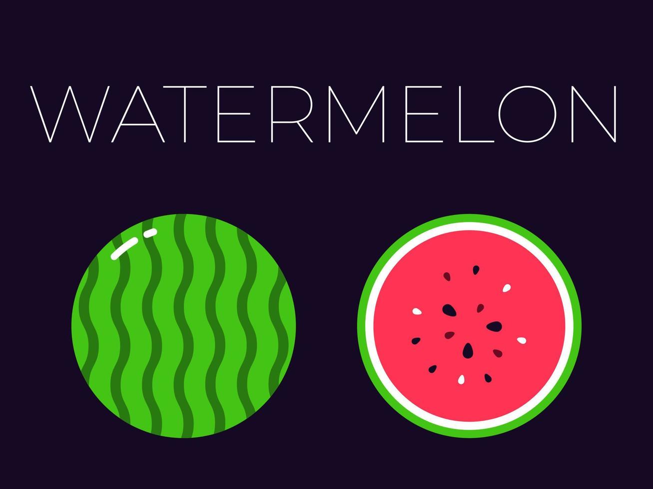 Watermelon and sliced half of watermelon with fruit name above. Vitamin citrus fruit. Flat isolated vector on dark background