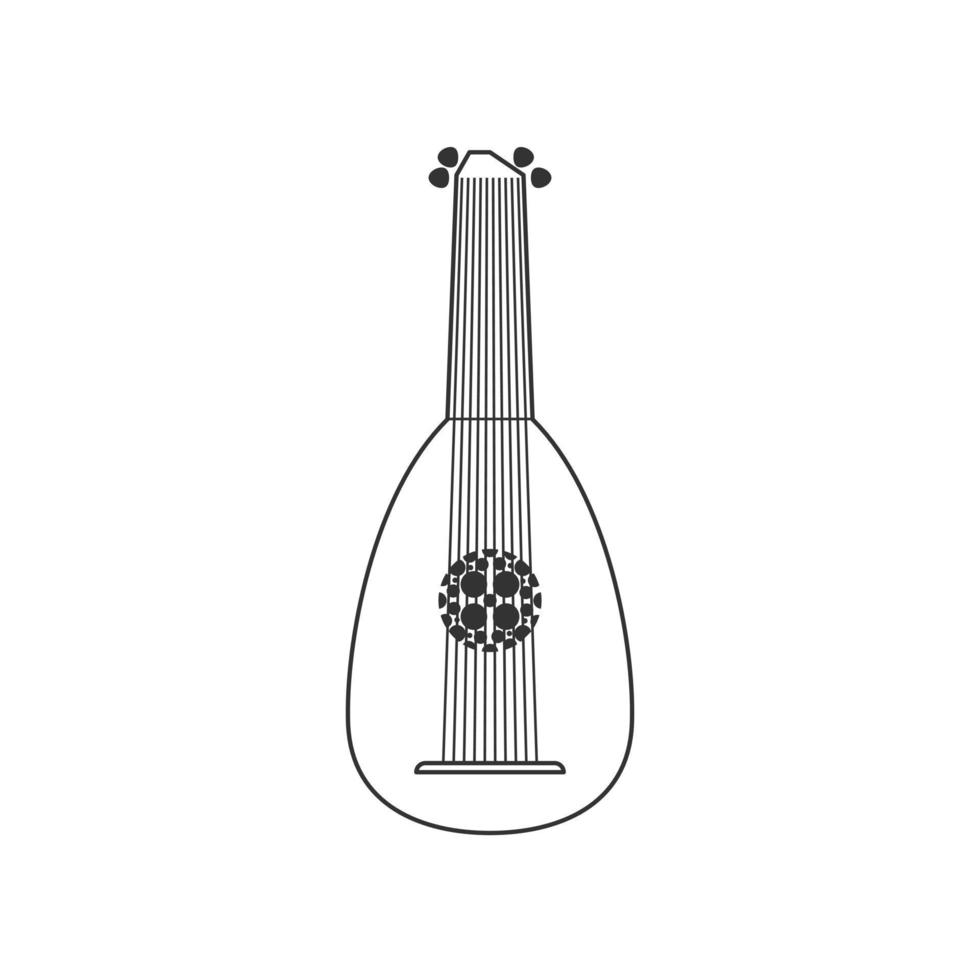 Lute flat black and white icon. Isolated Vector String ill.