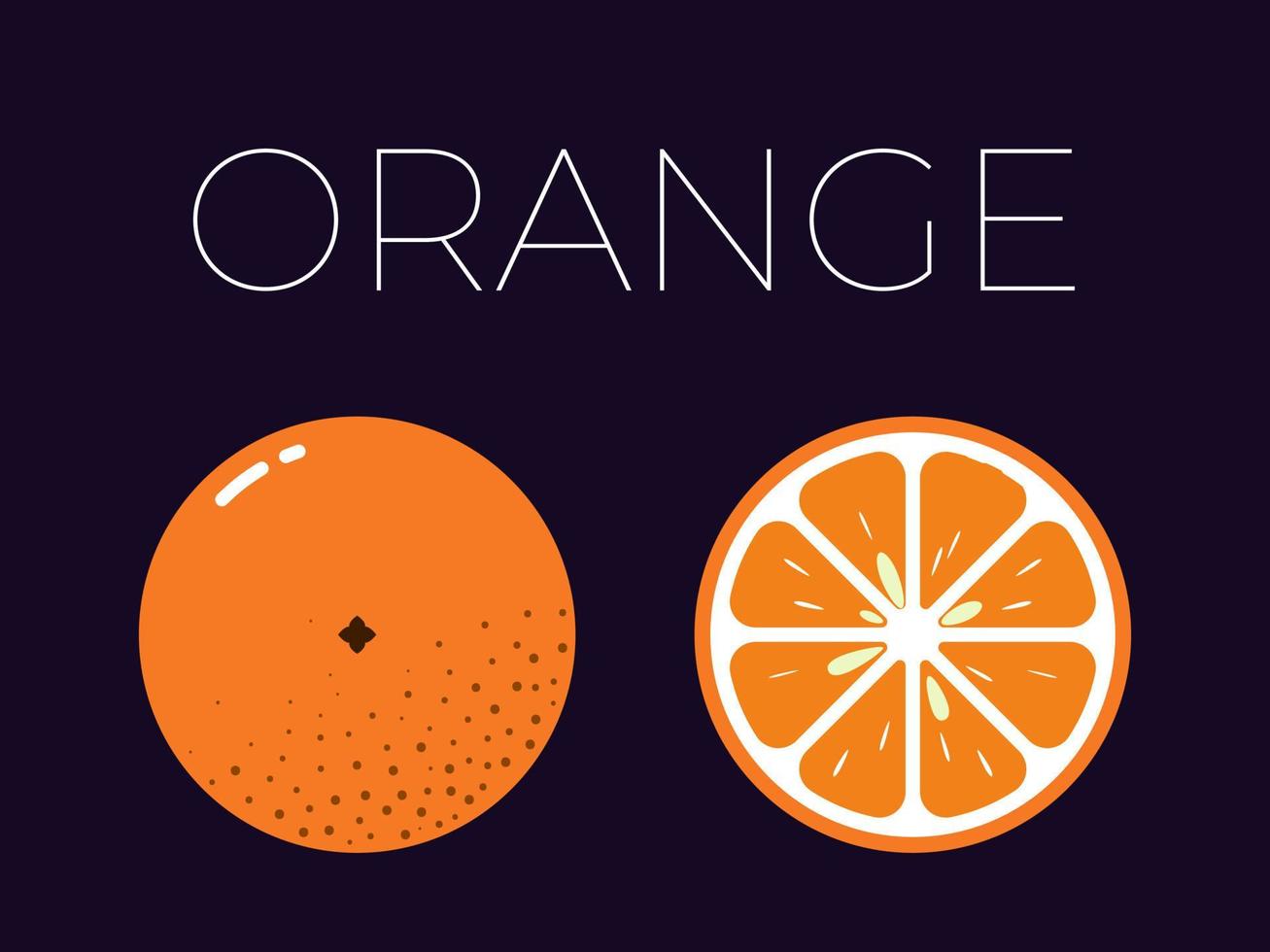 Orange and sliced half of orange with fruit name above. Vitamin citrus fruit. Flat isolated vector on dark background