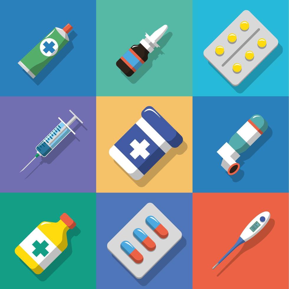 iconos de medicina y drogas de fondo multicolor establecidos con sombras. ilustración vectorial de estilo plano vector