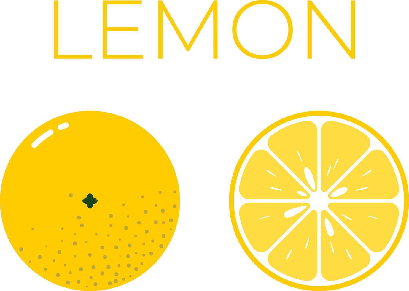 Lemon and sliced half of lemon with fruit name above. Vitamin citrus fruit. Flat isolated vector on white background
