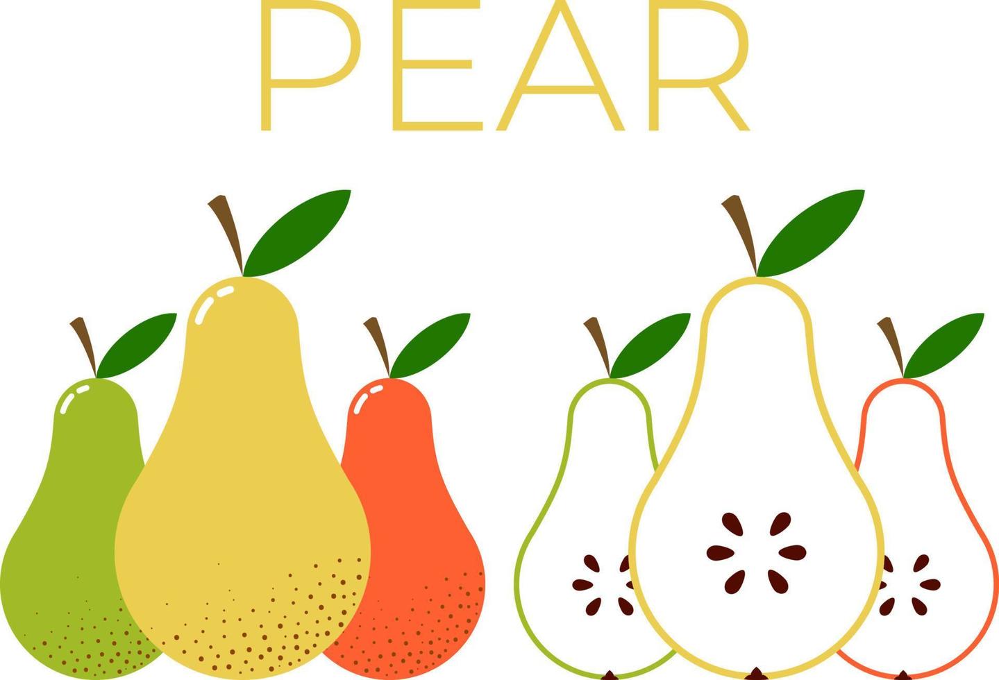 Pear and sliced half of Pear with fruit name above. Vitamin fruit mix. Flat isolated vector on white background