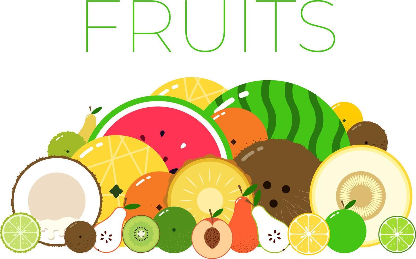 grupo con diferentes tipos de frutas con mitades en rodajas. paquete de frutas vitamínicas. vector plano aislado sobre fondo blanco