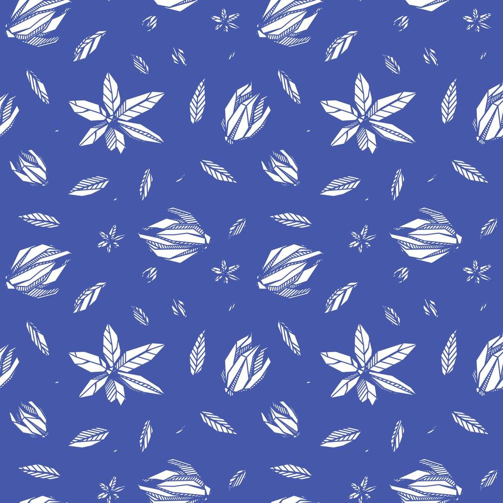 Blue Seamless pattern with Outlined hand drawind geometrical blossoming flower. Ylang-Ilang textile vector print